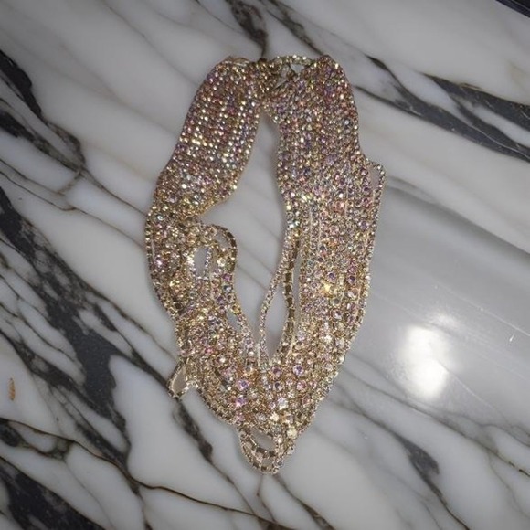 Iridescent Rhinestone Gold Multi-Strand Choker Necklace Sparkling Statement - Picture 3 of 3